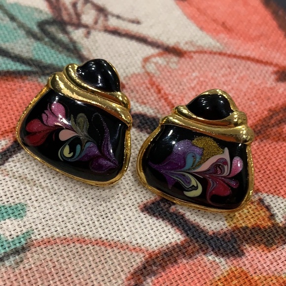 Jewelry - Clip on Earrings Hand painted Triangular Shape Purple and Gold